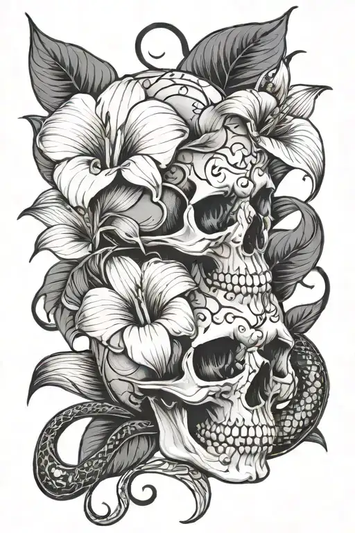 Skull, snake intertwined, calla lilly flowers blooming tattoo design idea