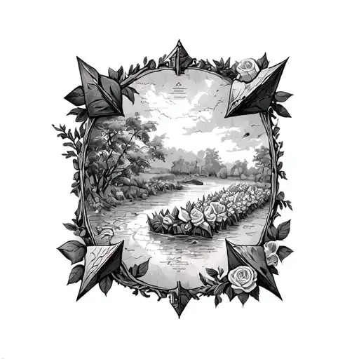 A mysterious treasure map with hidden arrowheads leading to a garden of roses, reflecting the explorer's passion for discovery and beauty tattoo design idea
