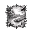 A mysterious treasure map with hidden arrowheads leading to a garden of roses, reflecting the explorer's passion for discovery and beauty tattoo design idea