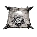 A mysterious treasure map with hidden arrowheads leading to a garden of roses, reflecting the explorer's passion for discovery and beauty tattoo design idea