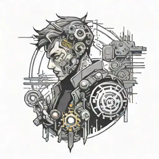 An intricate black and grey tattoo of a data security analyst in a high-tech cyberpunk setting, with elements of mmorpg and fps games subtly incorporated tattoo design idea