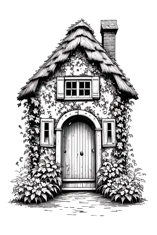 A cozy cottage with ivy-covered walls, thatched roof, and garden gate – black and white line art, coloring book style tattoo design idea