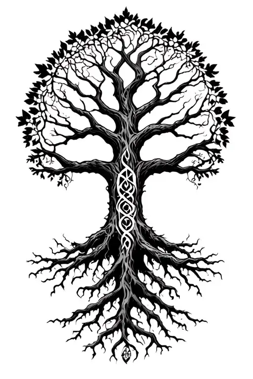 yggdrasil with three great roots, one root leads to asgard midgard and valhalla. one to hel and one to joutunheim. leafs tattoo design idea