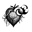 a heart with veins and a v8 engine connected to a brain with a half sun and half moon on it by veins tattoo design idea