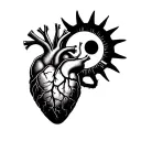 a heart with veins and a v8 engine connected to a brain with a half sun and half moon on it by veins tattoo design idea