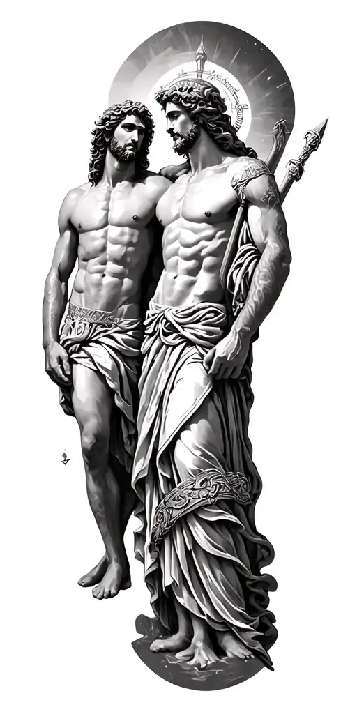 "Full sleeve tattoo design, Greek gods in vertical alignment, Demeter, Poseidon, Ares and Apolo tattoo design idea
