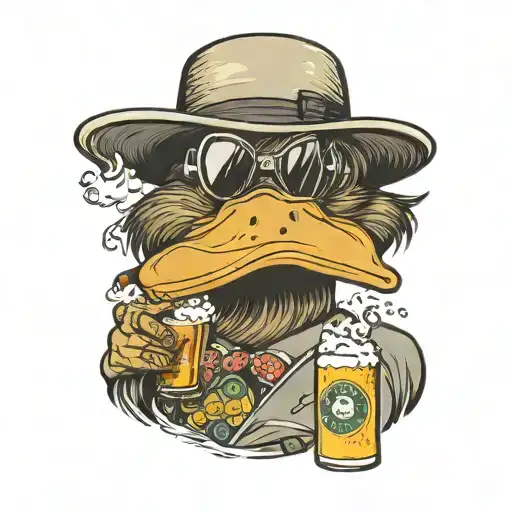 duck smoking a cigar and holding beer bottle with wayfarer sunglasses on tattoo design idea