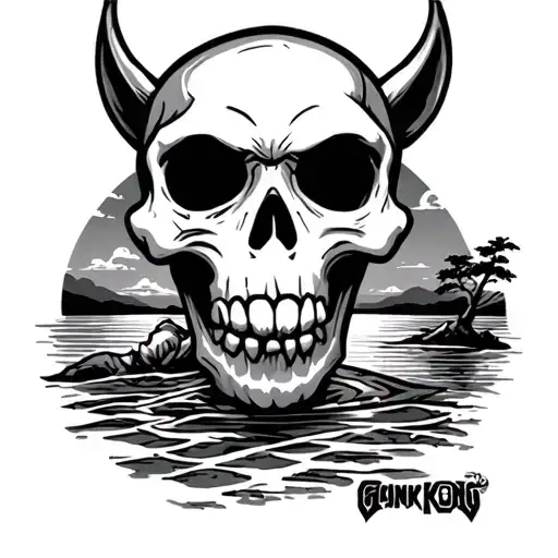 Cartoon skull + japanese sun setting + donkey kong + dark pit + ganondorf + threes & sea tattoo design idea
