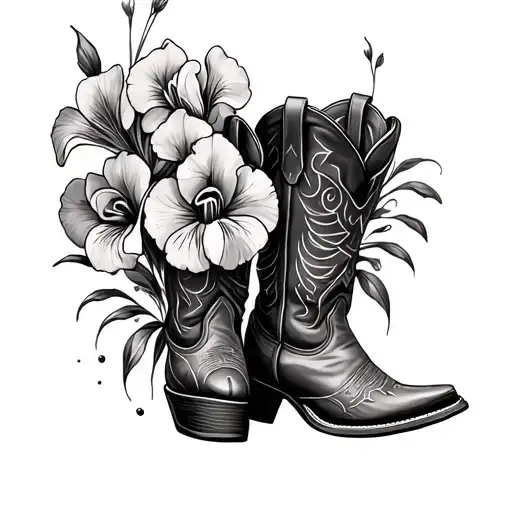 cowboy boots with iris flowers coming out top of boot tattoo design idea