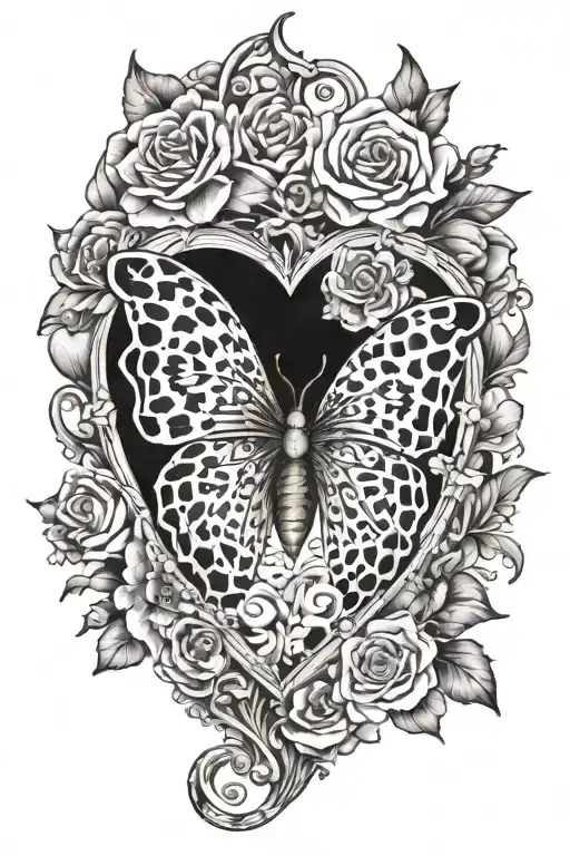 leopard butterfly inside a leopard heart with the body of butterfly symbolising a christian cross and crown with flowers tattoo design idea