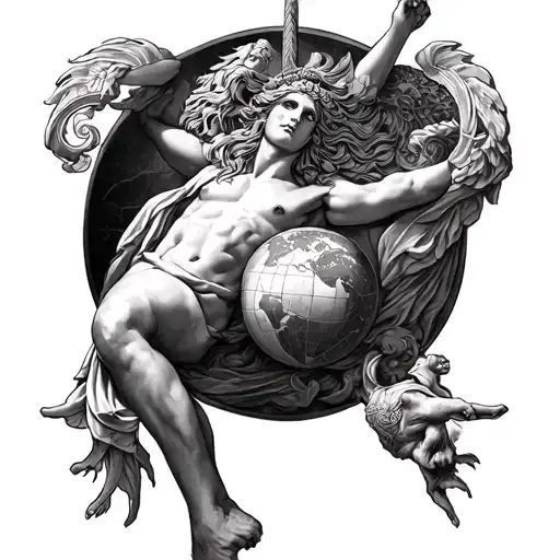 ancient greek mythology leg sleeve with atlas on the upper thigh tattoo design idea