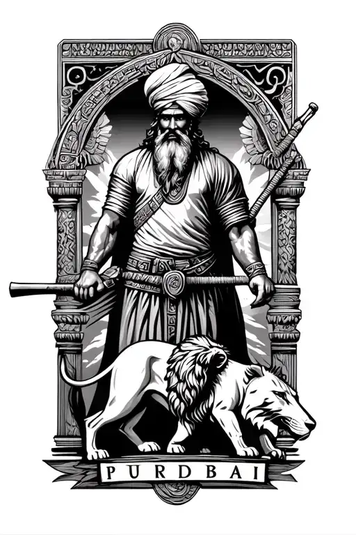 a Sikh warrior in the Greek style of tattoo with and out line of Punjab underneath and a lion under that  tattoo design idea