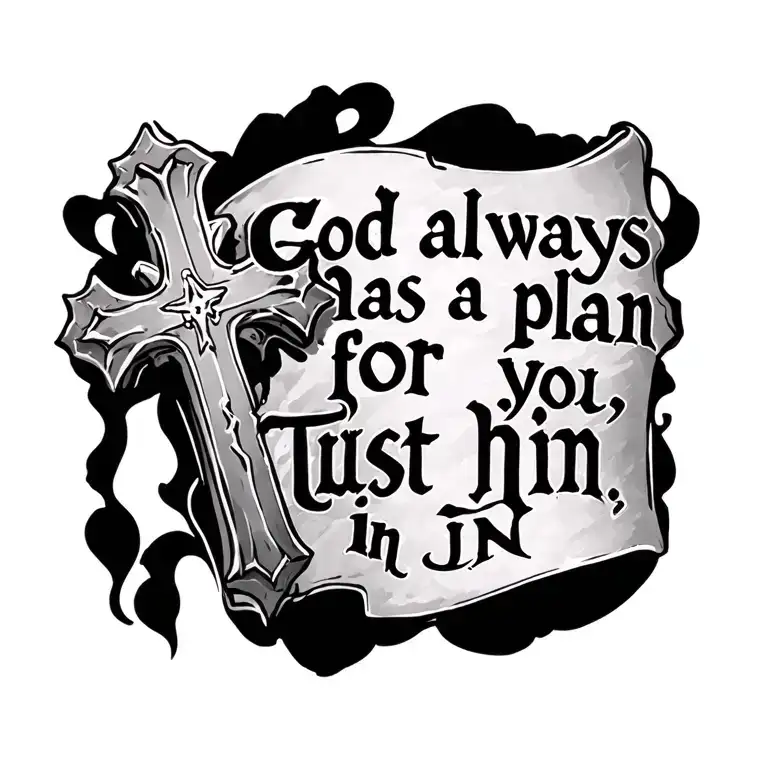 spine tattoo cross on the top and quite written down "god always has a plan for you, trust in him" tattoo design idea