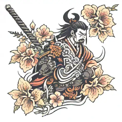 Japanese samurai , flowers sleeve tattoo tattoo design idea