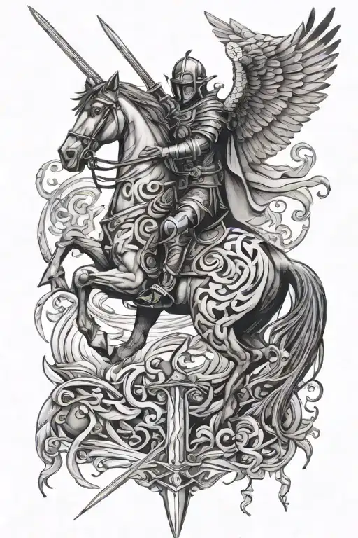 sword , warrior,horse and hawk flying tattoo design idea