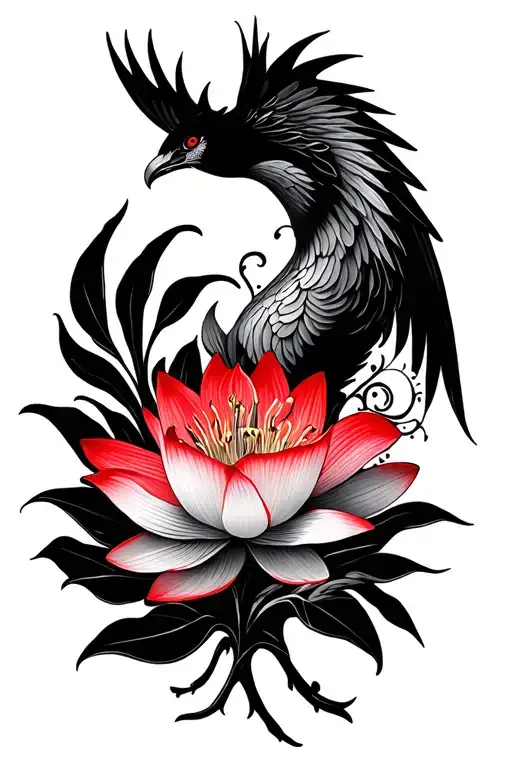 multiple fine line lotus and red Lilly flowers and phoenix intertwined  tattoo design idea