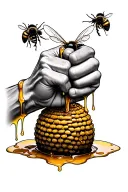 Fist punching through beehive with honey dripping out onto table tattoo design idea