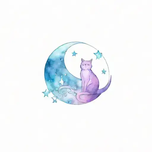 Moon and cat with three stars with the colors representing bisexuality  tattoo design idea