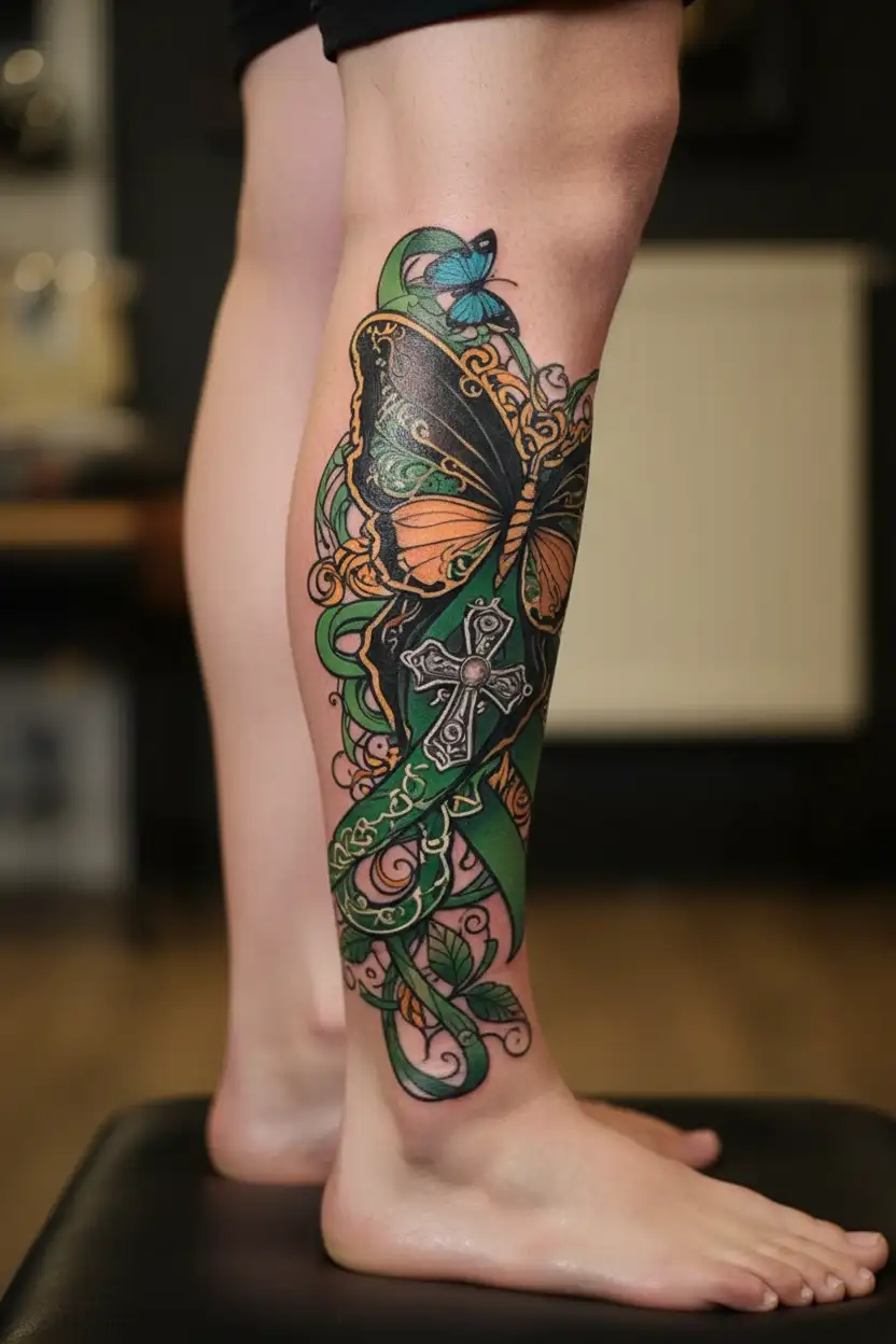 Cerebral palsy awareness ribbon entwined within a butterfly and a catholic cross with western cowgirl, equine background tattoo design idea