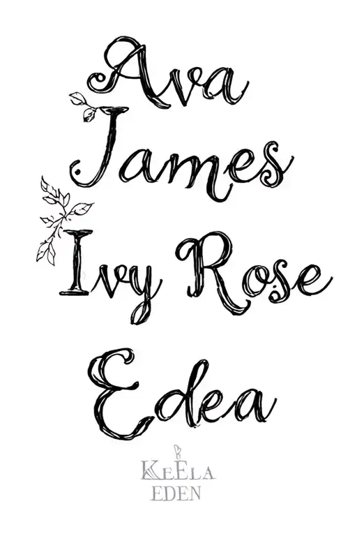 "Ava James Ivy Rose Keela Eden" kids names tattoo design idea