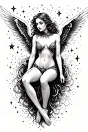 fallen angel in space thin line black and white with detailed face and body. galaxy of stars behind her. tattoo design idea