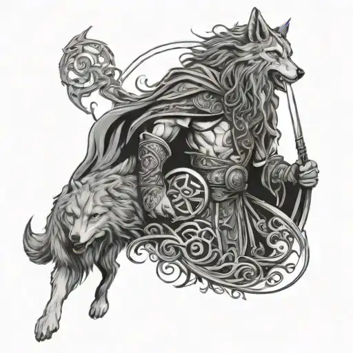 Full sleeve men celtic god Radagast and his war wolf tattoo design idea