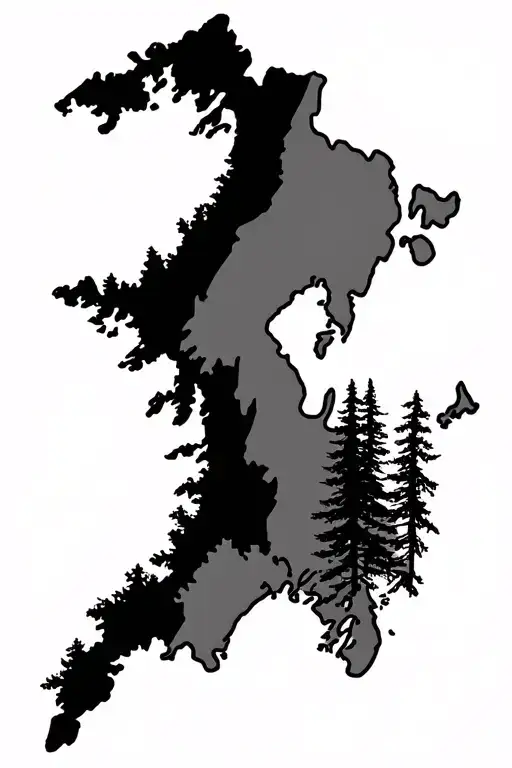 Vancouver island outline, marks on Victoria and Horne lake. with elements of ocean and forest area.  tattoo design idea