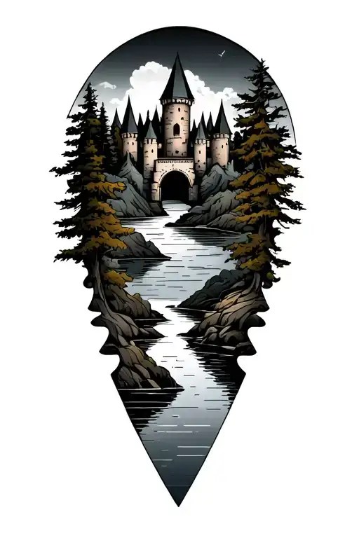 men tattoo  stormy but calme and rilistc  no faces land scape of a of ruined Castle surrounded by trees with a river in  tattoo design idea