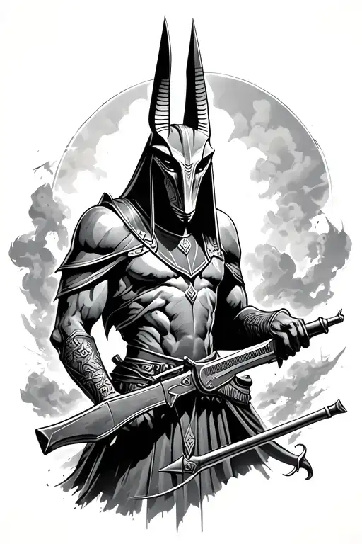 Anubis in war scene tattoo design idea