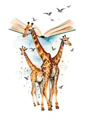 open book with giraffes running off the pages and birds surrounding the giraffes and irises in the background and surrou tattoo design idea