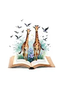 open book with giraffes running off the pages and birds surrounding the giraffes and irises in the background and surrou tattoo design idea