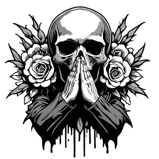 skull praying hands holding tattoo design idea