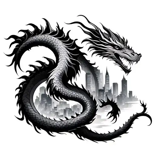 Shoulder / Upper Arm – "Guardian Dragon Over the City"A long, coiled Asian-style dragon wraps from shoulder to chest-f tattoo design idea