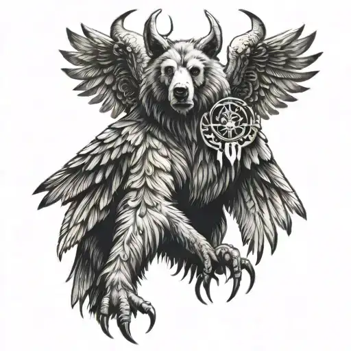 40' tall bear with eagle wings, eagle face, goat hooves and huge antlers tattoo design idea