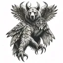 40' tall bear with eagle wings, eagle face, goat hooves and huge antlers tattoo design idea
