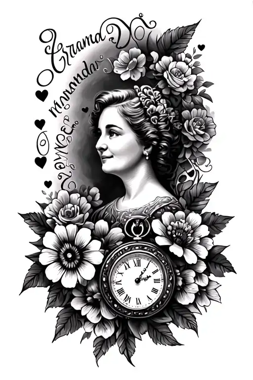Memorial tattoo for grandma with hearts and flowers with clock and words tattoo design idea