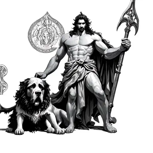 Sexy Greek God Hades with a bident weapon in hand and Cerberus the three headed dog sitting next to him tattoo design idea