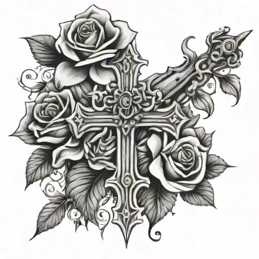 cross with roses tattoo design idea