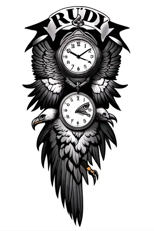"Rudy" Clocks with kids names and time of birth. Hawk memorial for passed father.  tattoo design idea