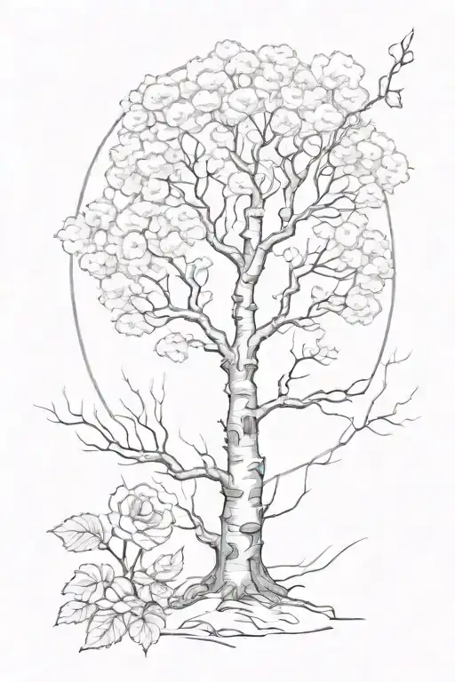 birch tree with carnation growing on right side with the earth symbol (capricorn) under it tattoo design idea