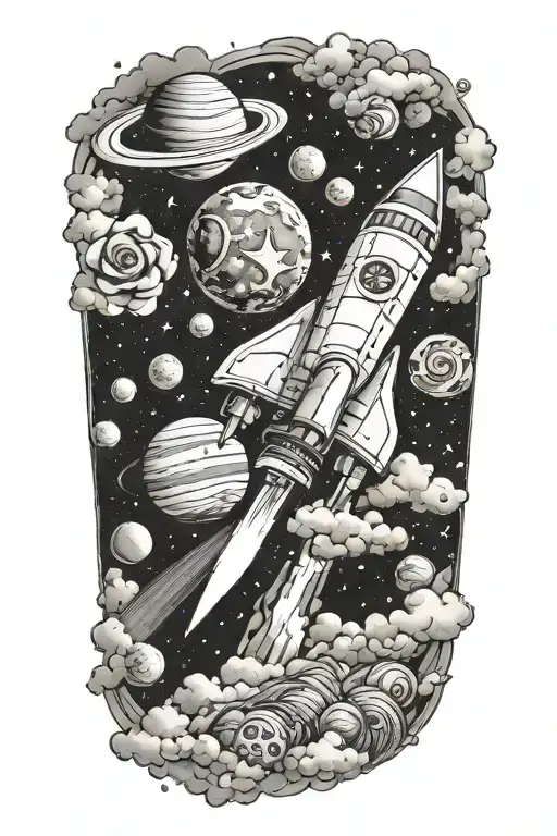 rocket with planets stars and clouds with coins pour tattoo design idea
