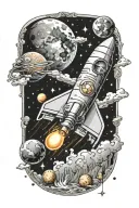 rocket with planets stars and clouds with coins pour tattoo design idea