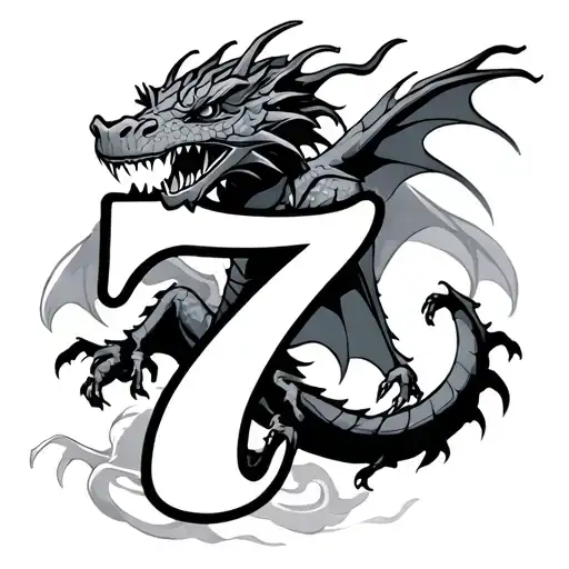 Dragon flying holding a number 7 tattoo design idea