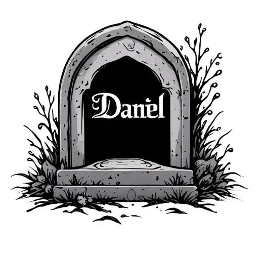 the name Daniel inside a tombstone tattoo design idea