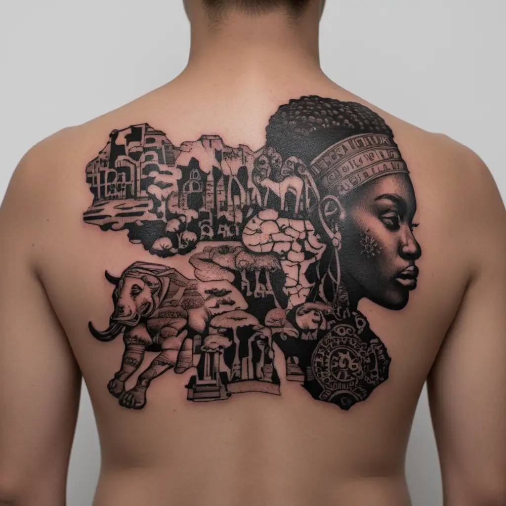  African woman * Map of Africa * African animals (including gorilla) * Hands of God * Ancient Egyptian * tattoo design idea
