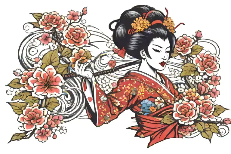 evil geisha holding flowers tattoo design idea