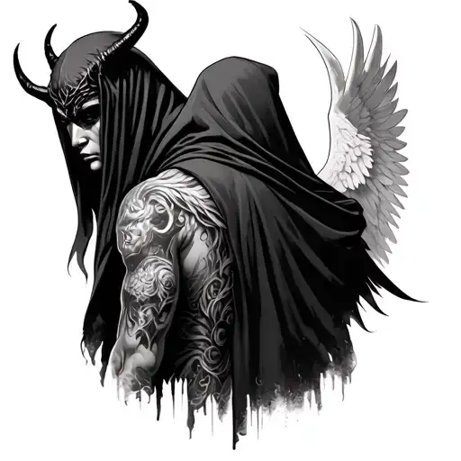 hooded devil on left side of back and hooded angel on right side of back tattoo design idea