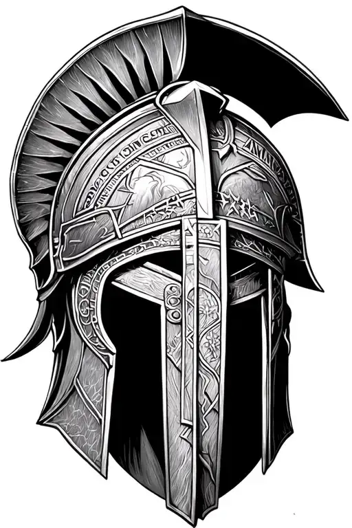 "Consilio Et Animis" spartan helmet adorned with symbols tattoo design idea