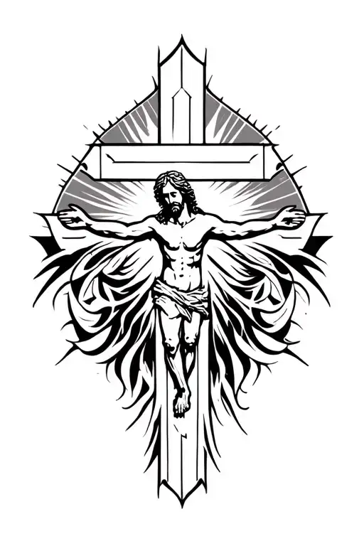 A symmetrical, gothic-style forearm tattoo featuring an abstract depiction of Jesus on the cross, surrounded by tribal  tattoo design idea