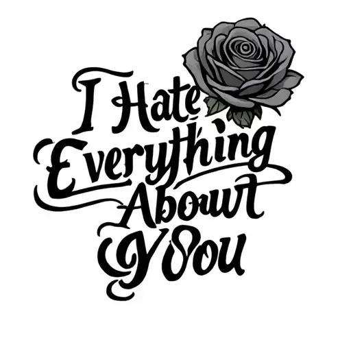 A rose stem vertical connecting to I Hate Everything cursive About You cursive tattoo design idea